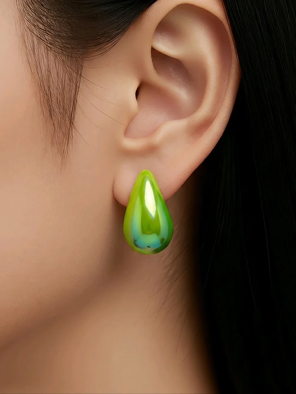 Iridescent Lime Green Blue Shimmer Teardrop Dome Earrings Y2K Mermaidcore Glossy